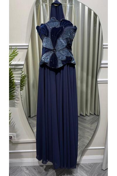 Mar style Navy Blue Long Floral Embroidered Dress Luxurious Embroidery