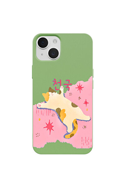 Casen iPhone 15 Yeşil Cat Sleeping Kamera Korumalı Premium Lansman Renkli Sil...