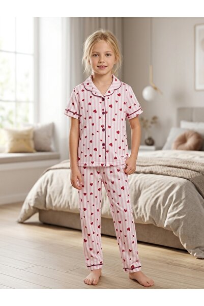 Enie Girl's Cotton Heart Patterned Striped Summer Pajama Set + Eye Patch