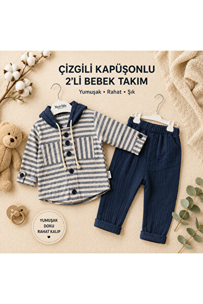 BYMURAT BABY Erkek Bebek Kapüşonlu Müslin Takım - Çizgili Gömlek ve Pantolon ...