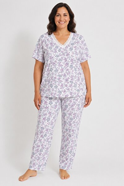 CottonVia Mother's Pajama Set, Lace Collar, Patterned, Short Sleeves, 100% Co...