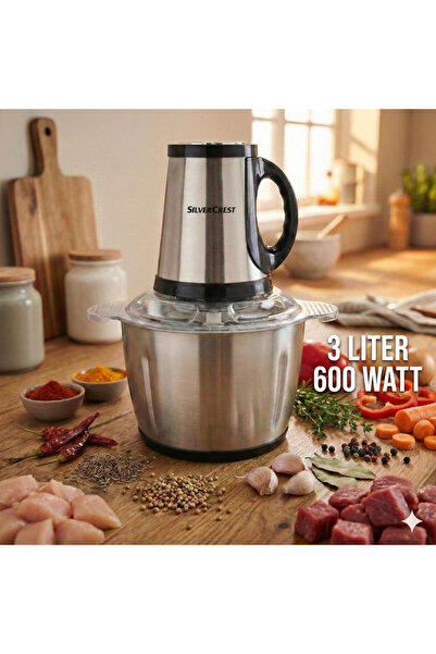 Silver Crest Electric Food Chopper 600W with 3L Stainless Steel Bowl, 6 Blade...