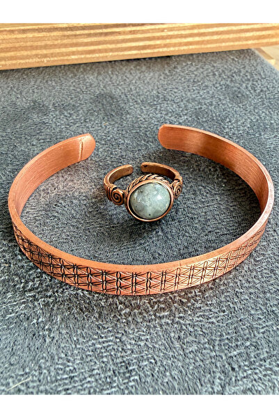 Rupen Kraft Handcrafted copper bracelet and natural stone ring set, adjustabl...