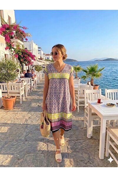AYASOFYA OTANTIK Women's Ethnic Patterned Short Sleeve Midi Dress