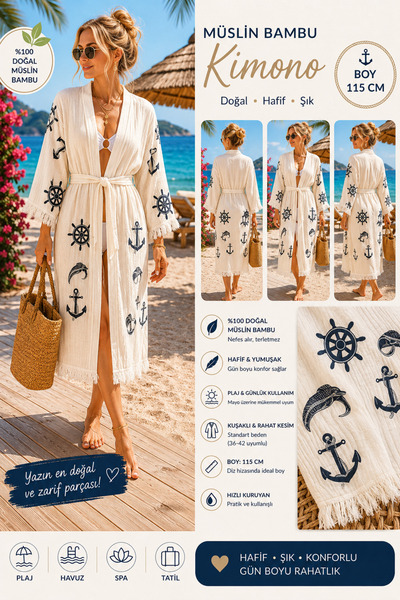 Store Müslin Bambu Kimono Plaj Kimonosu Kuşaklı Pareo – Denizci Desenli, Hafi...