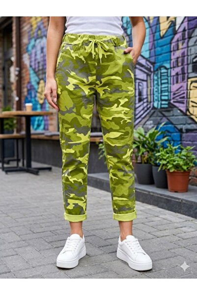 AYASOFYA OTANTIK Pantaloni skinny de damă, italieni, cu talie legată și impri...