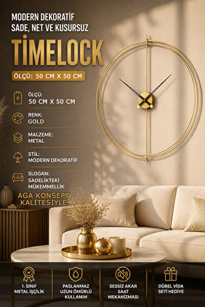 AGA KONSEPT GOLD Timelock (Büyük Boy 50 cm x 50 cm) Siyah Modern Dekoratif Du...