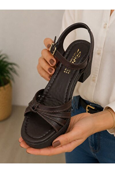 PLN SHOES Women's Brown Round Toe Knot Detailed Wedge Heeled Comfortable Sandals