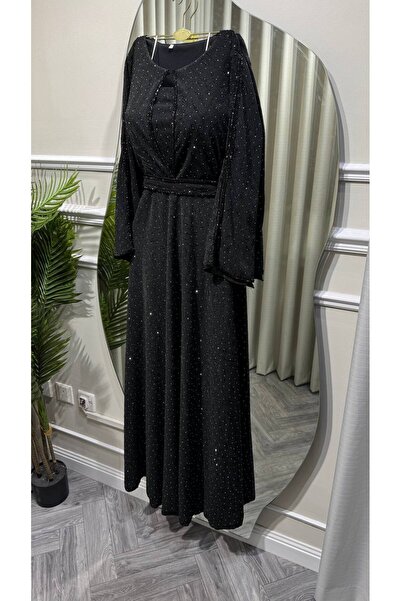 Jood Shiny Evening Dress with Flared Sleeves and Waist Belt