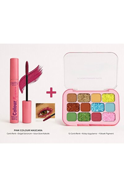 Butik Renkli Makyaj Seti | Pembe Maskara & 12 li Far Paleti