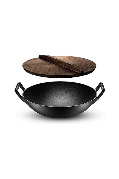 Perfect Home Vas de fonta tip Wok cu capac de lemn, 36.5×10 cm,