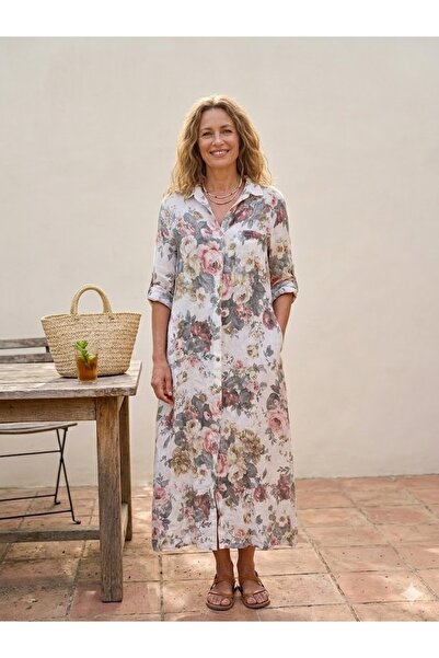 AYASOFYA OTANTIK Women's Italian Tie Dye Rose Pattern Long Sleeve Long Linen ...