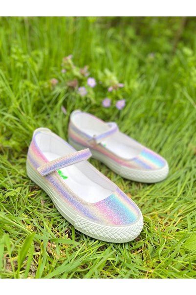 NeSe Shoes Orthopedic Girl's Ballerinas, Rainbow Patterned Ballerinas with Sneaker Sole