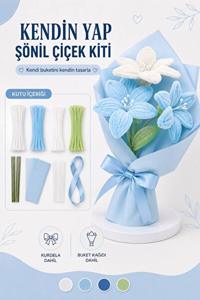 Hobievim3 Şönil Çiçek Buketi Yapım Kiti Mavi Zambak Buketi | Kendin Yap DIY H...