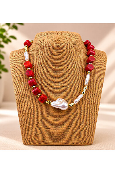 Takıtolia Azriel Red Stone and Pearl Gold Beaded Design Stylish Necklace