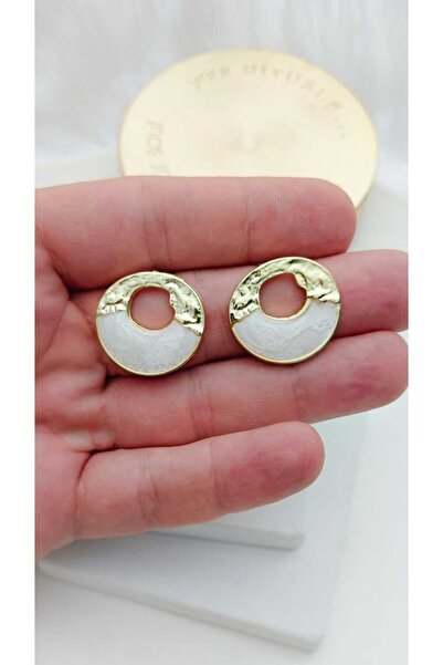 KYOLA DESİGN White Pearlescent Round Gold Women's Earrings