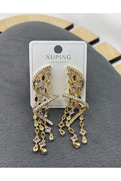 xUPING GOLD RENK 14 K RENKLİ ZİRKON TAŞLI SALLANTI KÜPE