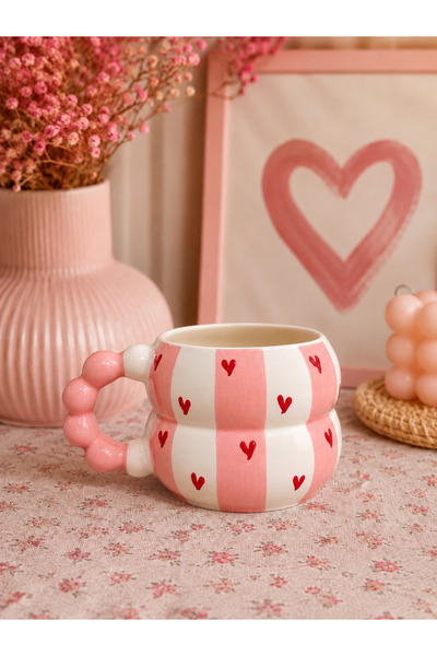 İZart Bead Handle Pink Stripe Red Heart Patterned Specially Embossed Complete...
