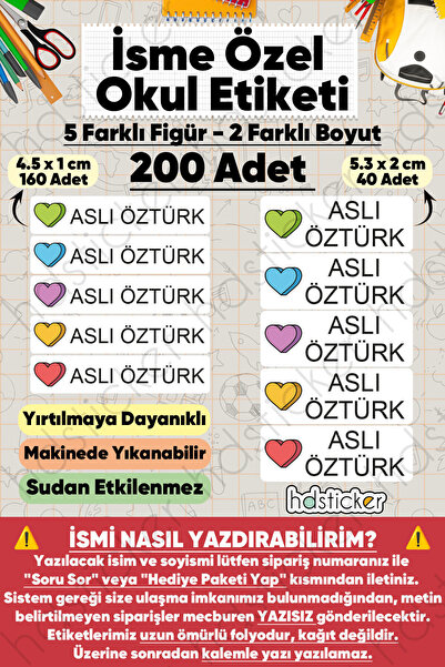 hdsticker 200 Adet Kalp Desenli İsme Özel Okul Etiketi Kişiye Özel İsim Baskı...