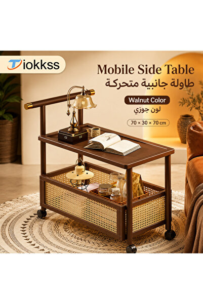 Tiokkss 2-Tier Rolling Side Table with Wheels, Narrow Rattan-Style Storage Ca...