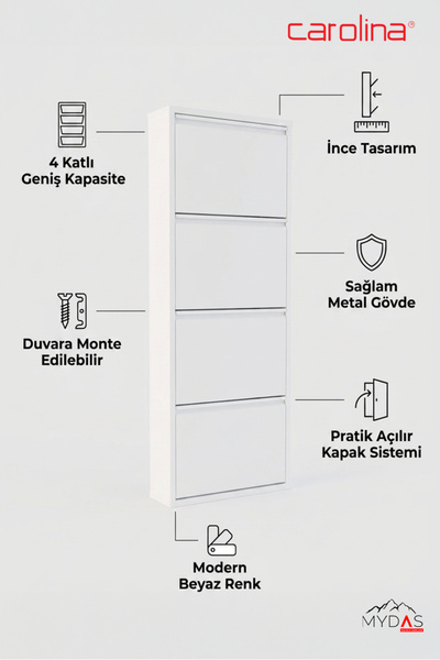 CAROLİNA 412 Metal Ayakkabılık – 4 Bölmeli, Duvara Monte Edilebilir, İnce Tas...