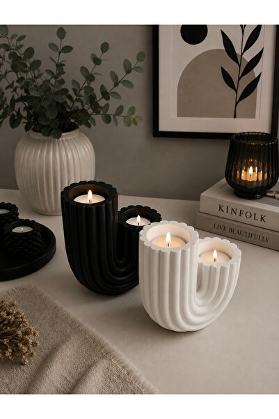 BUBUHOMEDECOR Modern Evler için Kaktüs Figürlü 2'li mumluk Siyah/Beyaz