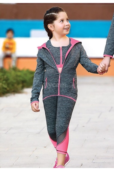 Asortik Kids Girl's Gray Pink Hooded Tracksuit Set Athlete Leggings Combination