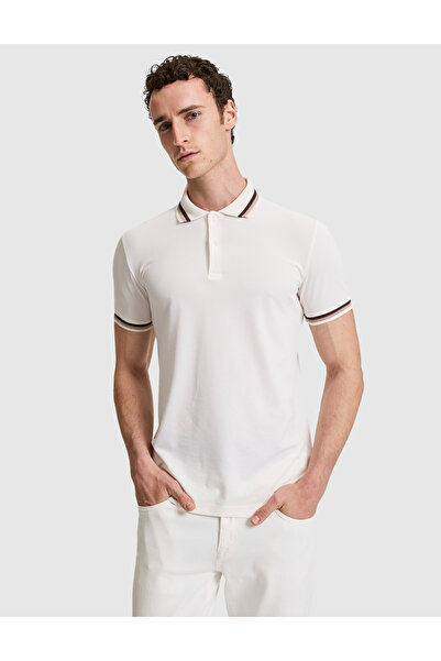 Pierre Cardin تي شيرت بولو بزر أمامي وقصة ضيقة بلون إكرو 50321159-VR019