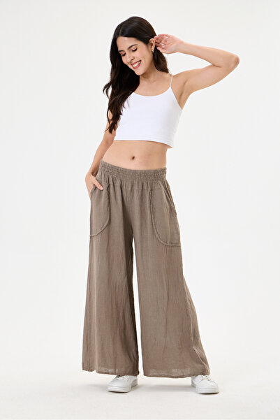 della moor Women's Mink Italian 100% Linen Elastic Waist Wide Leg Palazzo Tro...