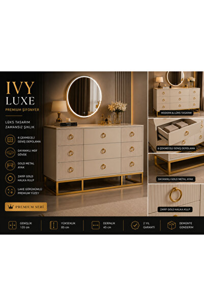 Genel Markalar IVY LUXE Premium Şifonyer 6 Çekmeceli Gold Detaylı MDF Modern ...