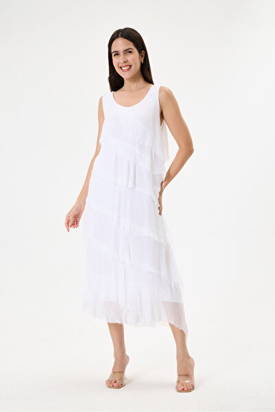 della moor White Italian Layered Lined Zero Sleeve Silk Dress 38 - 42 Size