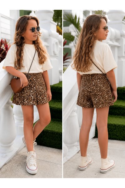 La ciel Paris Girl's Leopard Shorts and Skirt Set