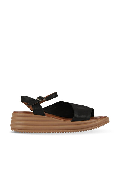 BUENO Black Satin Leather Women's Wedge Heeled Sandals