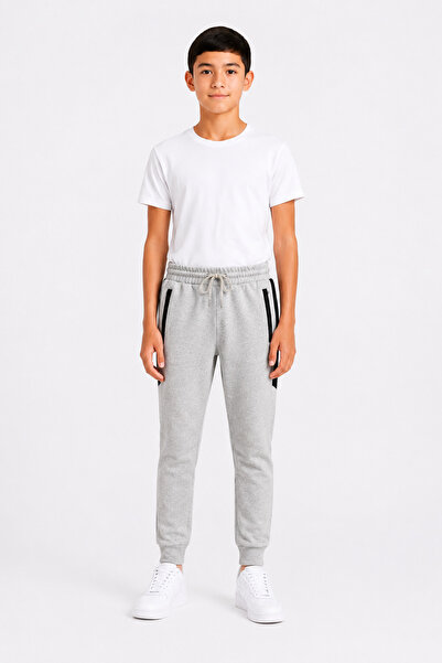 Marco Ferry Boy's Cotton Striped Detailed Sweatpants Gray Melange-26119