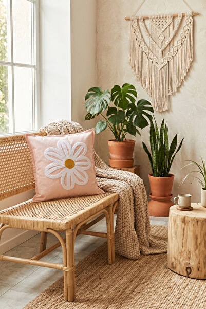 borboleta home Pudra Papatya Nakışlı Dekoratif Kırlent Kılıfı, Kabartmalı Çiç...