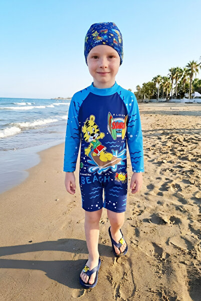 MODANINO Boys Swimwear Set-Long Sleeve Swimsuit and Swim Cap 4-12 Years 12696N