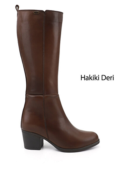 GÖNDERİ(R) Women's Brown Antique Zippered Thick Heeled Genuine Leather Boots