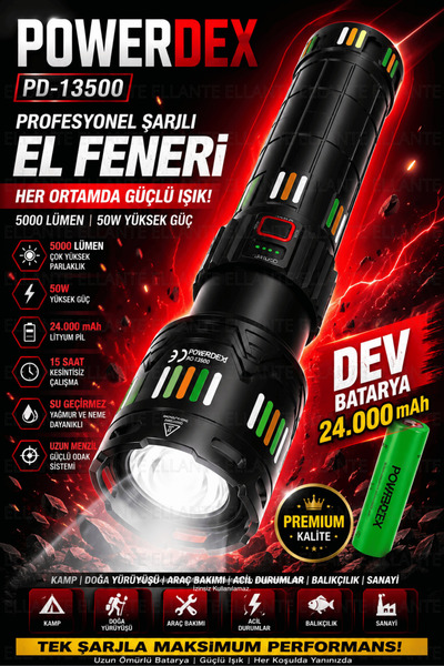 ellante Şarjlı El Feneri 5000 Lümen 24.000 mAh Lityum Pil Taşıma Çantalı Prof...