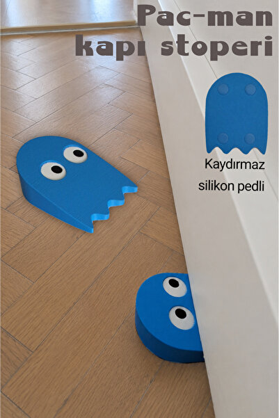 Shilu Mavi Pacman Dekoratif Kapı Stoperi Silikon Pedli Kapı Altı Tutucu