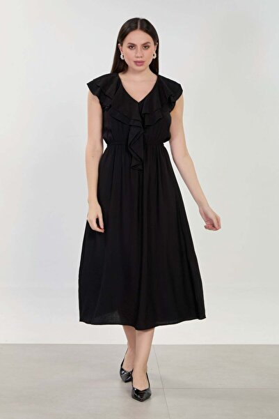 BARRELS AND OIL Women's Ruffled Front Long Dress - Black