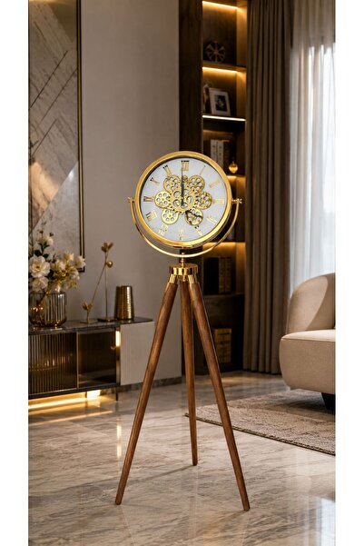 Muyika Design Çarklı Saat Ahşap Tripod Ayaklı 150cm Gold Metal Kasa Muyika Sa...