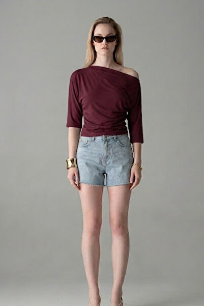 COMBİNE MİCHAİL Women's Short Sleeve Cotton Tight-Fitting Burgundy T-Shirt