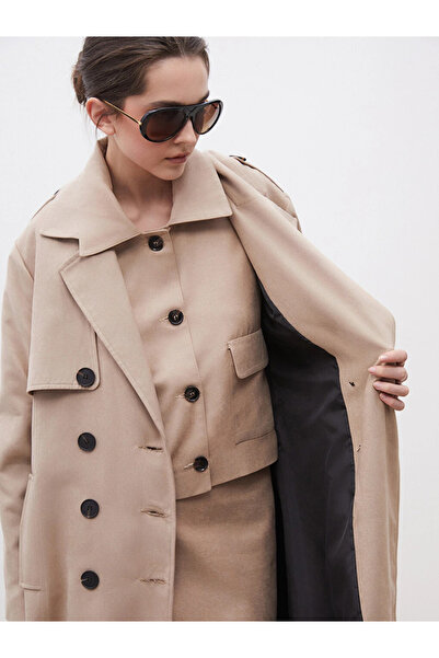 LC Waikiki Beige Jacket Collar Suede Look Women's Trench Coat