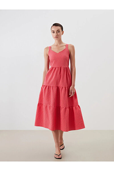 LC Waikiki Red Heart Collar Plaid Suspender Folded Dress