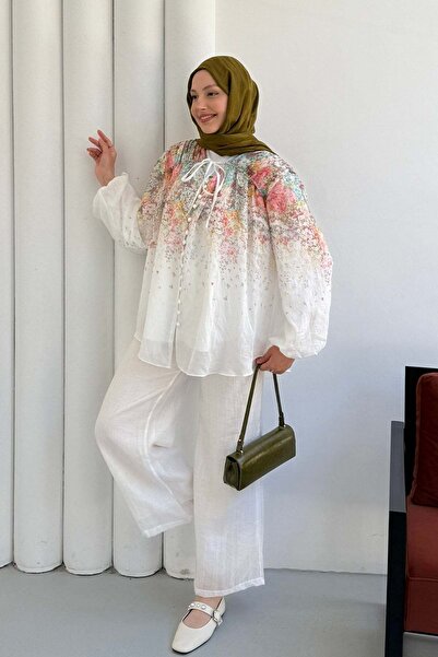 Modaensarbutik Üst Düğmeli Çiçek Desenli Pantolonlu Tesettür Takım-BEYAZ