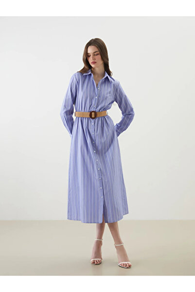 LC Waikiki Navy Blue Striped Poplin Women's Shirt Dress