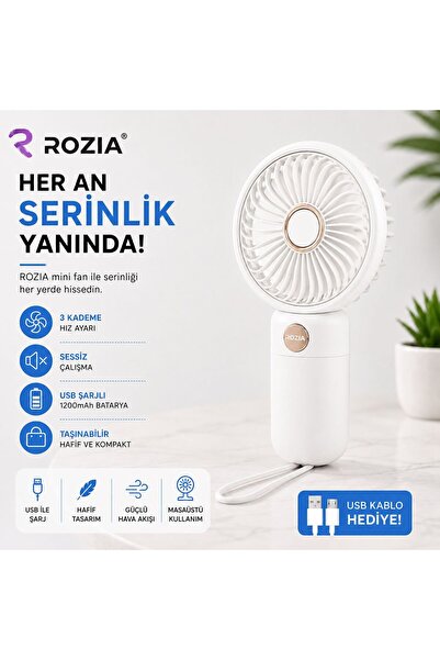 ROZIA USB Şarjlı Mini El Vantilatörü Taşınabilir Masaüstü Fan 3 Kademeli Sess...