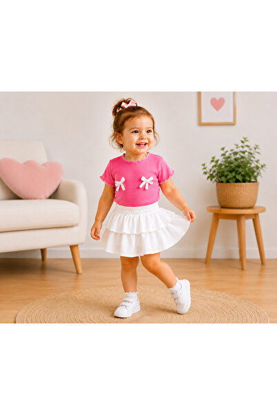 AKİF GİYİM Kız Bebek & Çocuk Fırfırlı Etek Fiyonklu Bluz Takımı