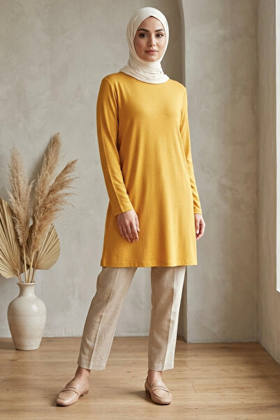 TOFİSA Plain Viscose Long Sleeve Tunic Mustard - 2109-Hardal