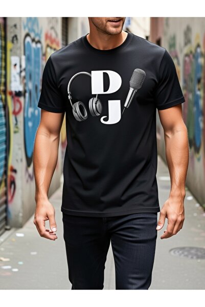 NOURAM Men's Letter J & Soundwave Print T-Shirt, 100% Cotton Black/White DJ L...